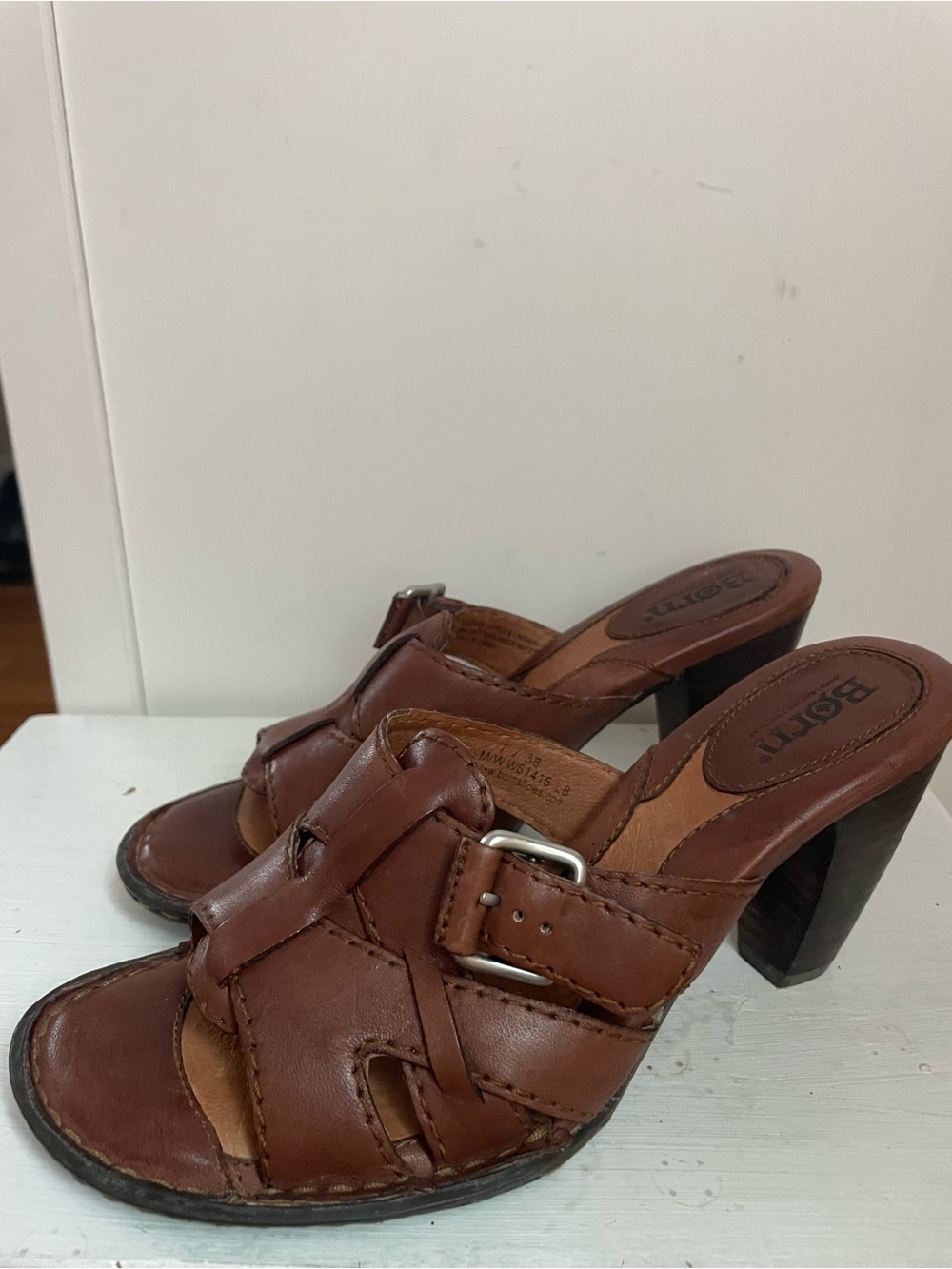 Born Brown Leather Buckle Slide Heels
